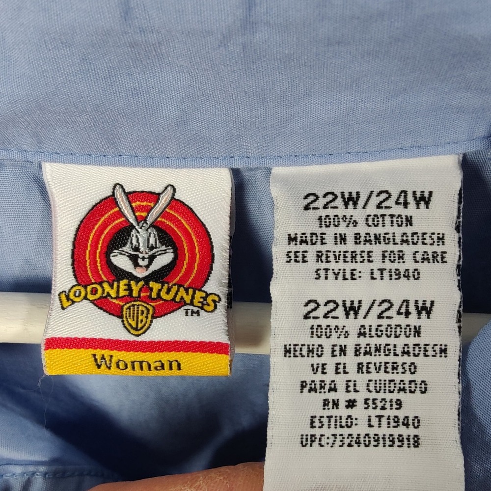 VINTAGE Looney Tunes Tweety Bird Embroidered Button Shirt Womens 24W Blue Cotton - Picture 6 of 11